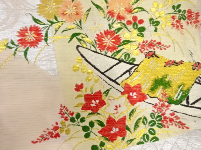 アンティーク　絽　破れ色紙に舟・秋草模様織り出し名古屋帯